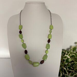 Green Beaded Long Necklace Mixed Acrylic Wood Silver Tone Chain Boho Earthy Chic